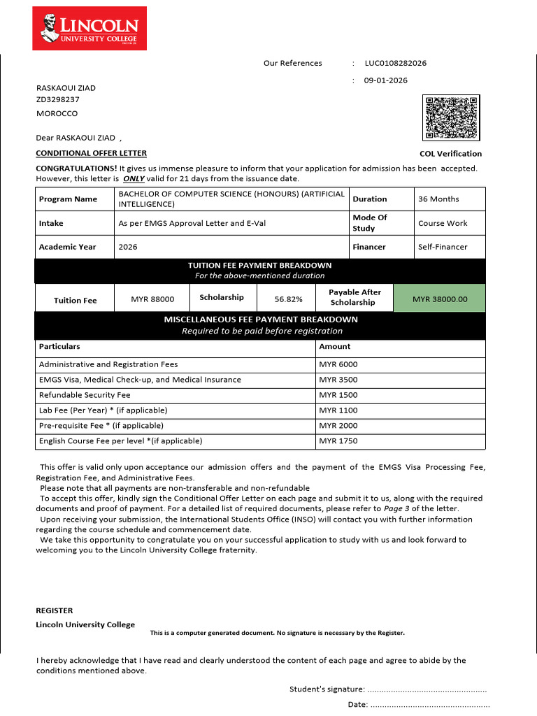 Conditional Admission Offer Letter | PDF | Travel Visa | Fee