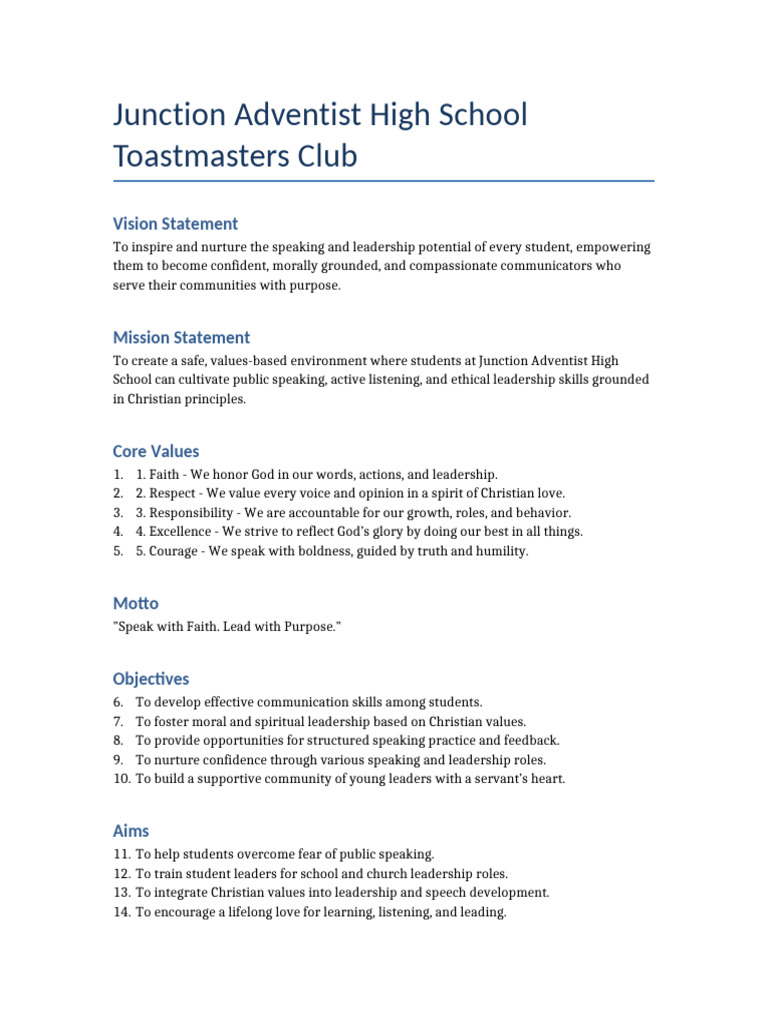 Junction Adventist High School Toastmasters | PDF