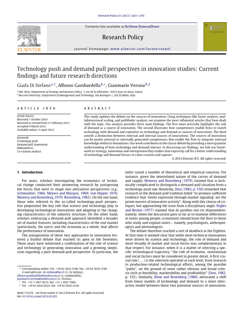 Technology Push & DD-pull Perspectives in Innovation Studies- Current ...