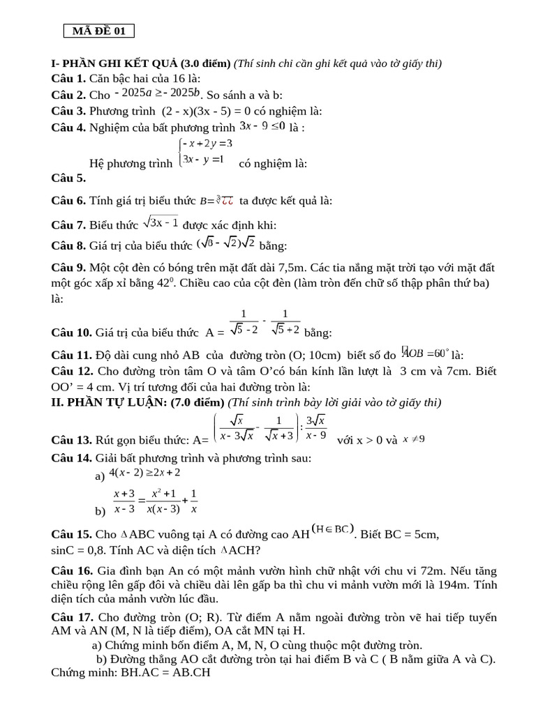 De Cuoi Hoc Ki 1 Toan 9 Nam 2024 2025 Phong GDDT Ky Anh Ha Tinh | PDF