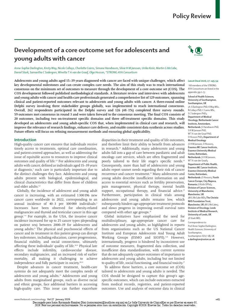 Development of a Core Outcome Set for Adolescents and Young Adults With ...