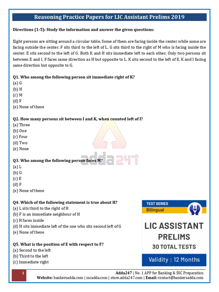 LIC Assistant Prelims 2019 Test Series | PDF | Linguistics