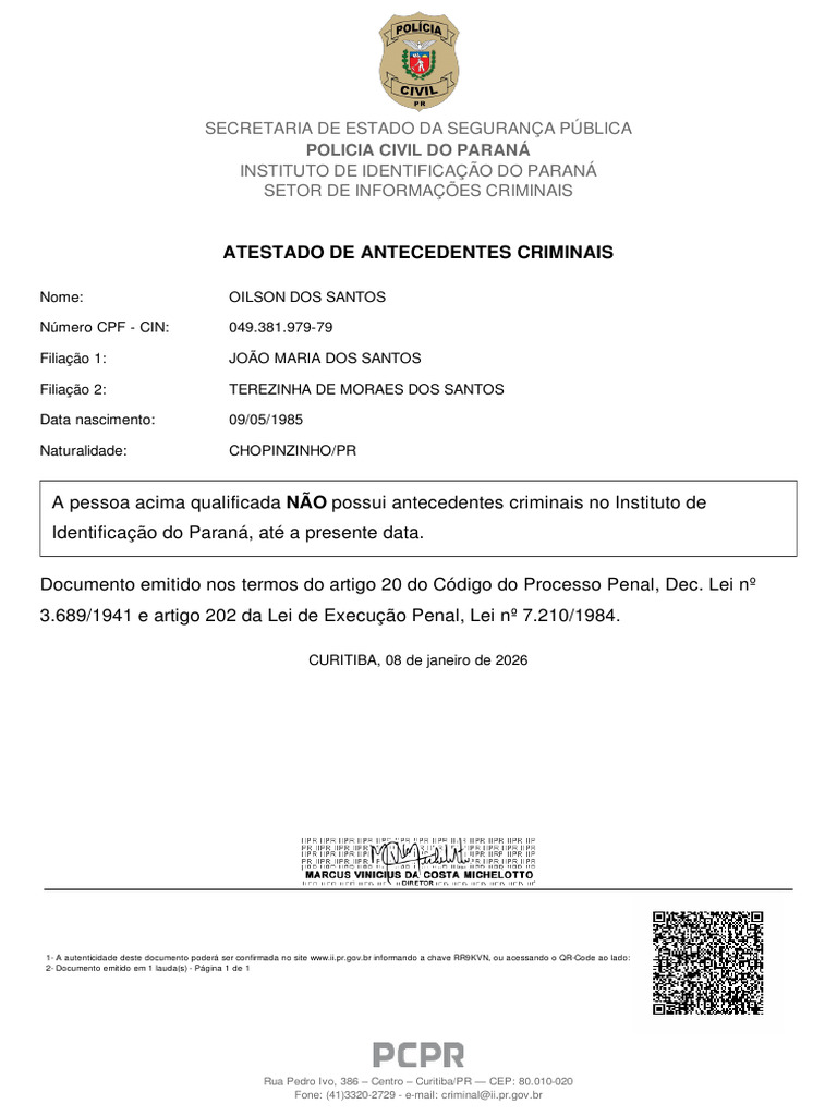 Atestado de Antecedentes Criminais PR | PDF