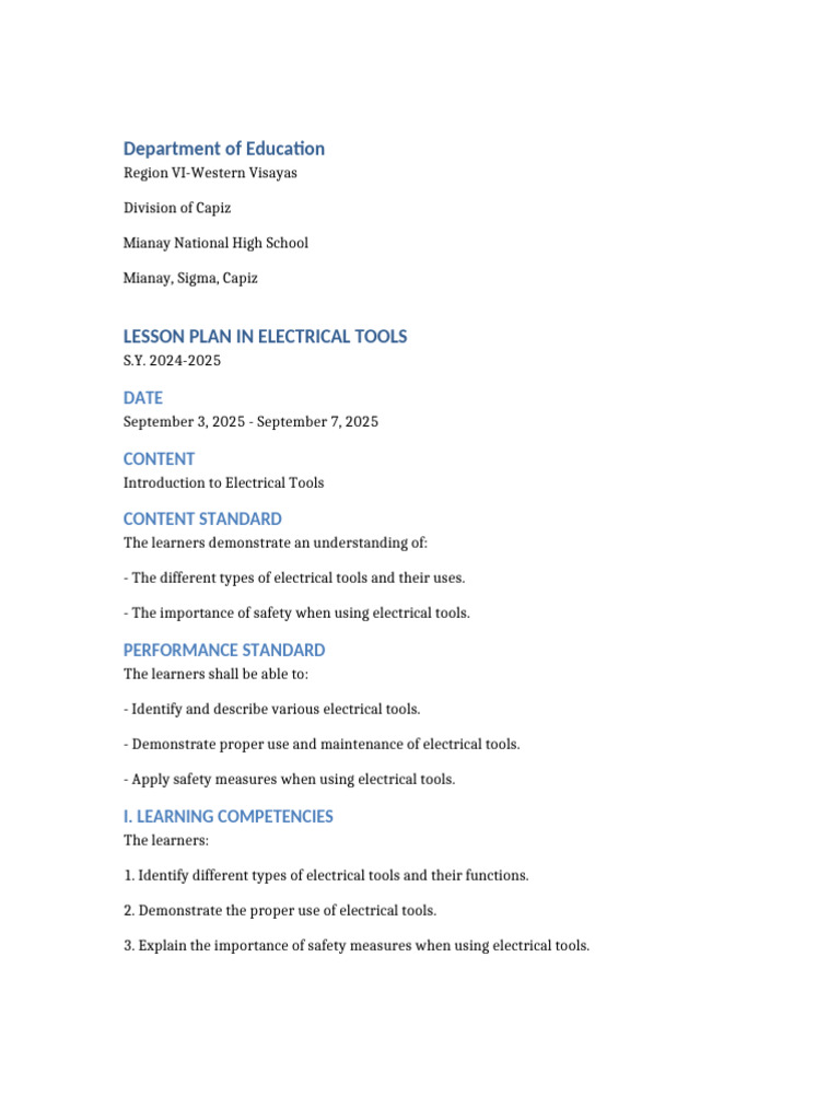 Lesson Plan Electrical Tools | PDF | Tools | Lesson Plan