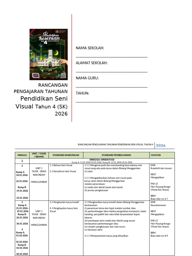 Rancangan Pengajaran Seni Visual 2026 | PDF