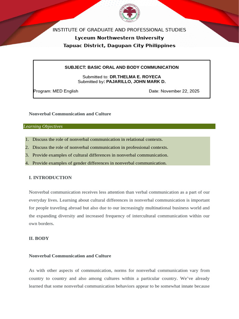 Nonverbal Communication and Culture | PDF | Nonverbal Communication ...