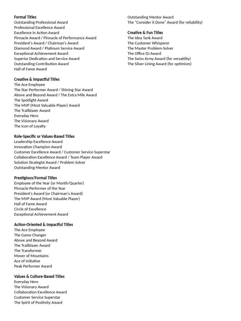 Creative Award Title Ideas List | PDF