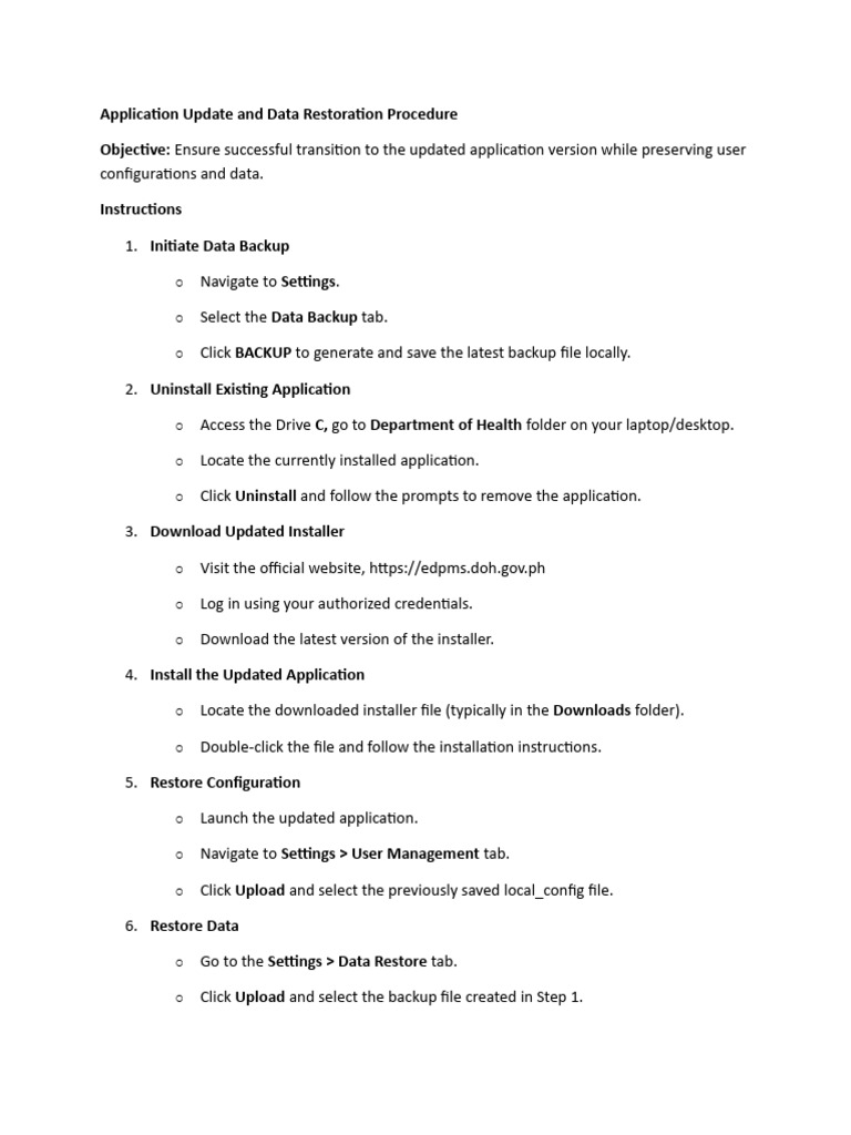 Application Update & Data Restore Guide | PDF