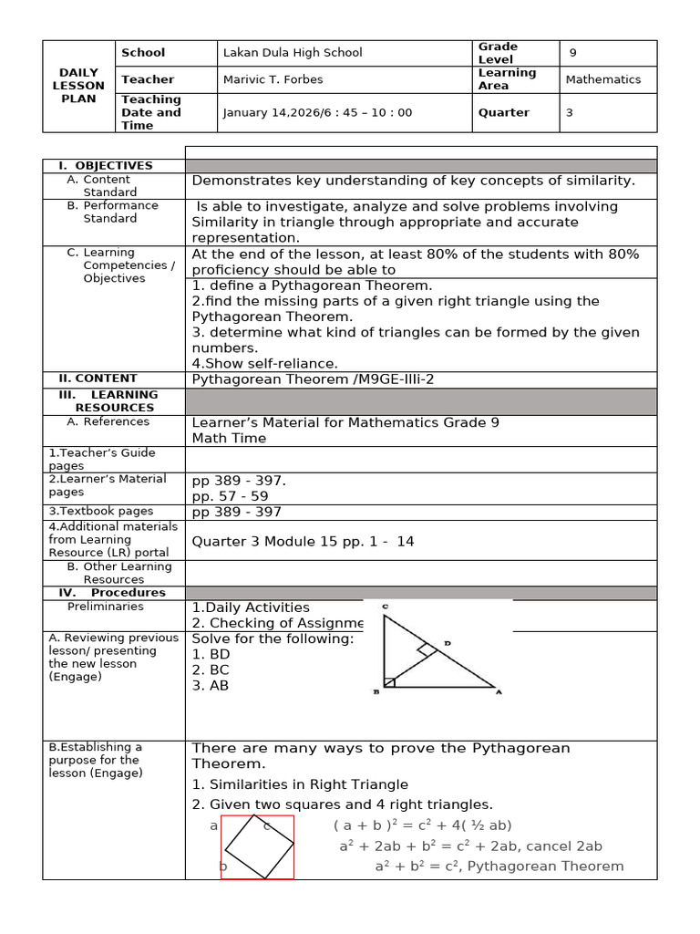 Grade 9 Math Lesson: Pythagorean Theorem | PDF | Mathematics