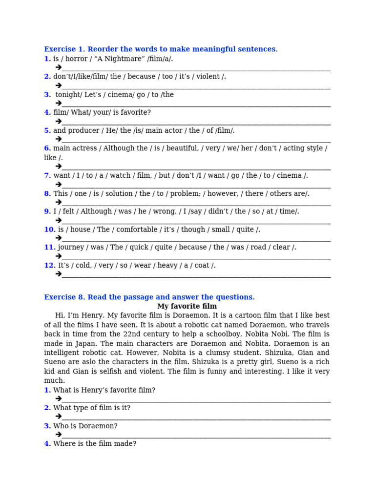 Word Reordering and Film Exercises | PDF