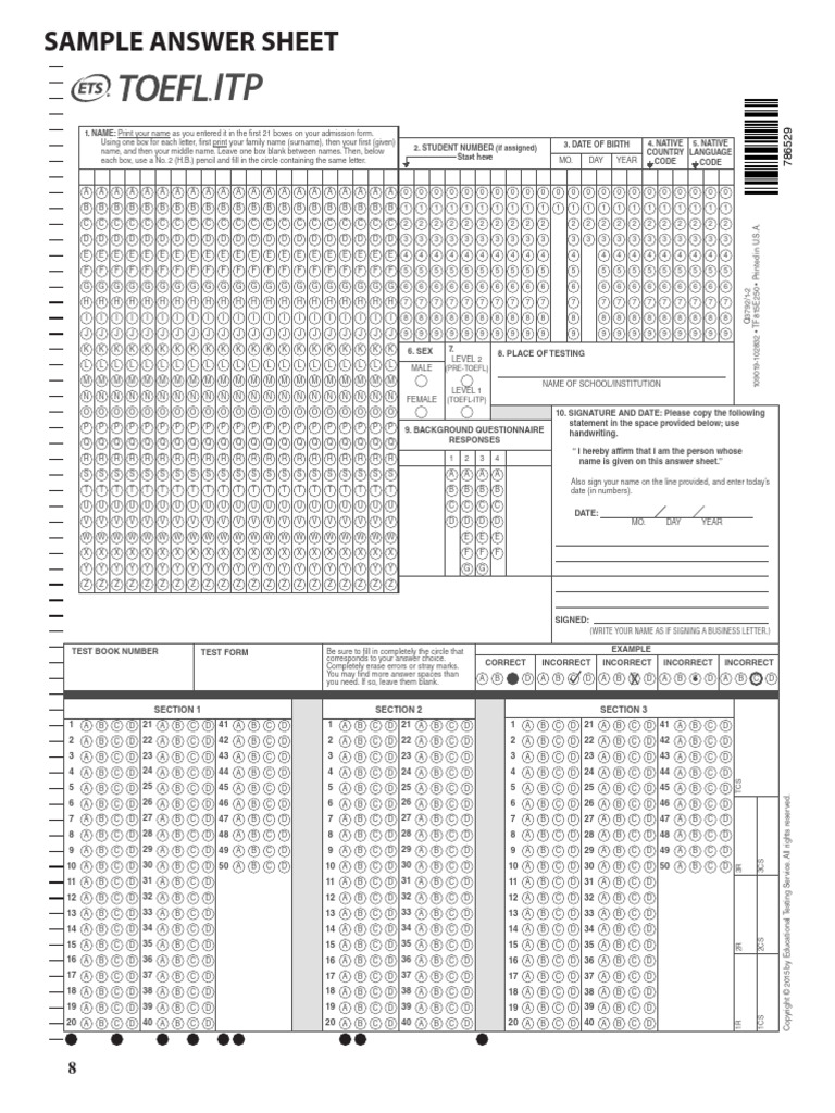 TOEFL ITP Sample Answer Sheet Guide | PDF | Test Of English As A ...
