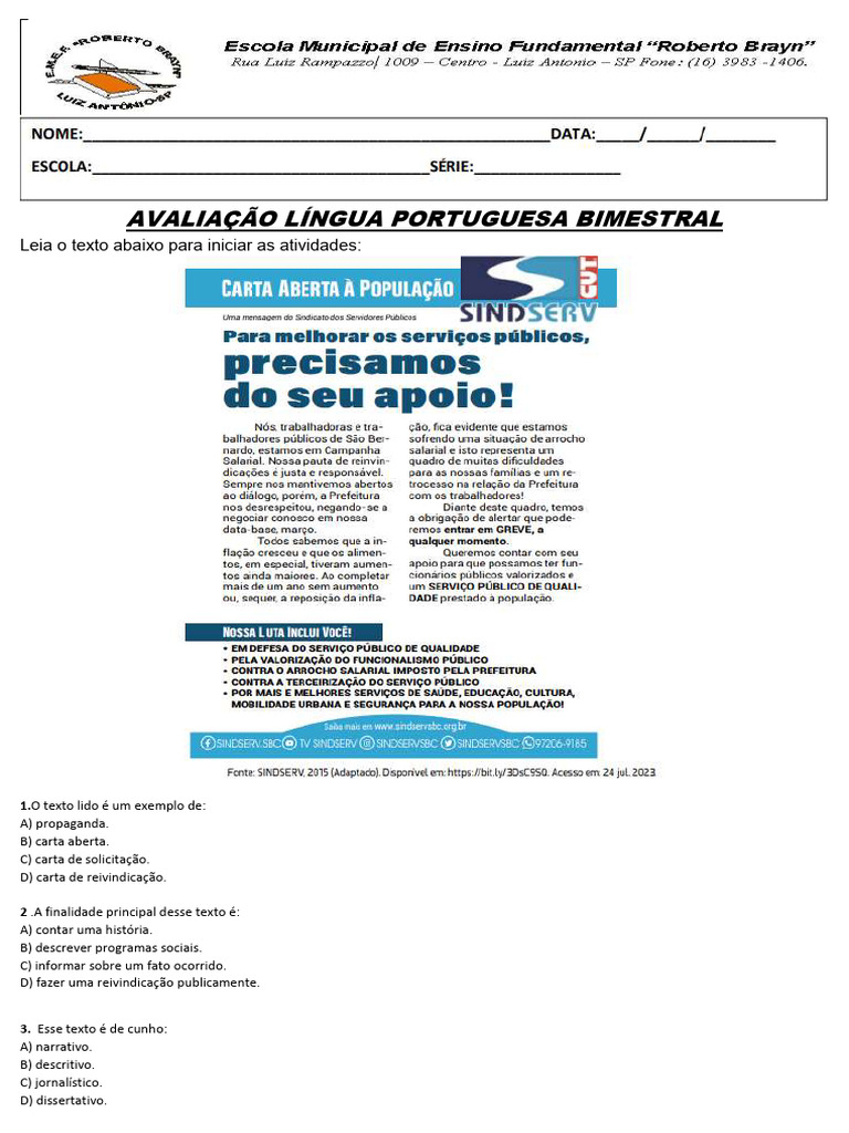 Avaliação Bimestral de Língua Portuguesa | PDF | Sindicato