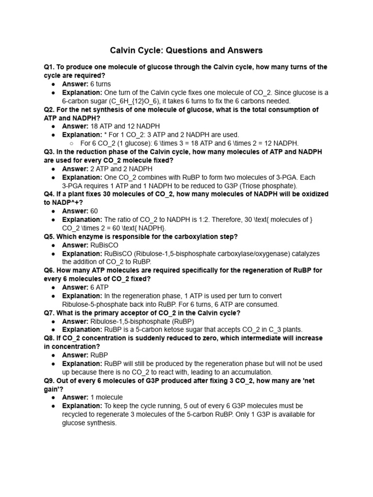 Calvin Cycle Q&A: Glucose Production Insights | PDF | Biomolecules ...
