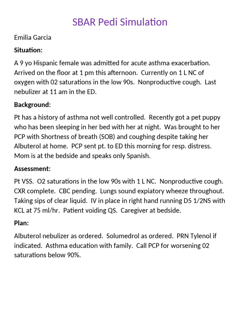 Pediatric Asthma Management SBAR Report | PDF