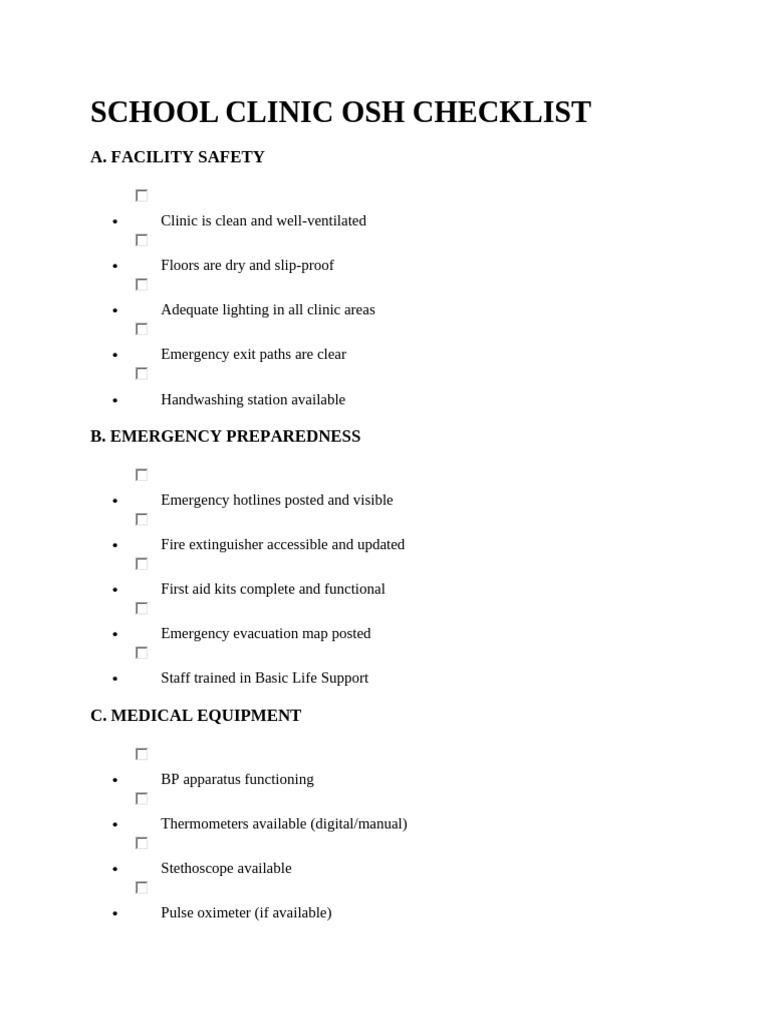 School Clinic OSH Compliance Checklist | PDF | First Aid | Medicine