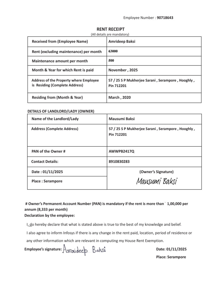 Rent Receipt for Employee Amrideep Baksi | PDF