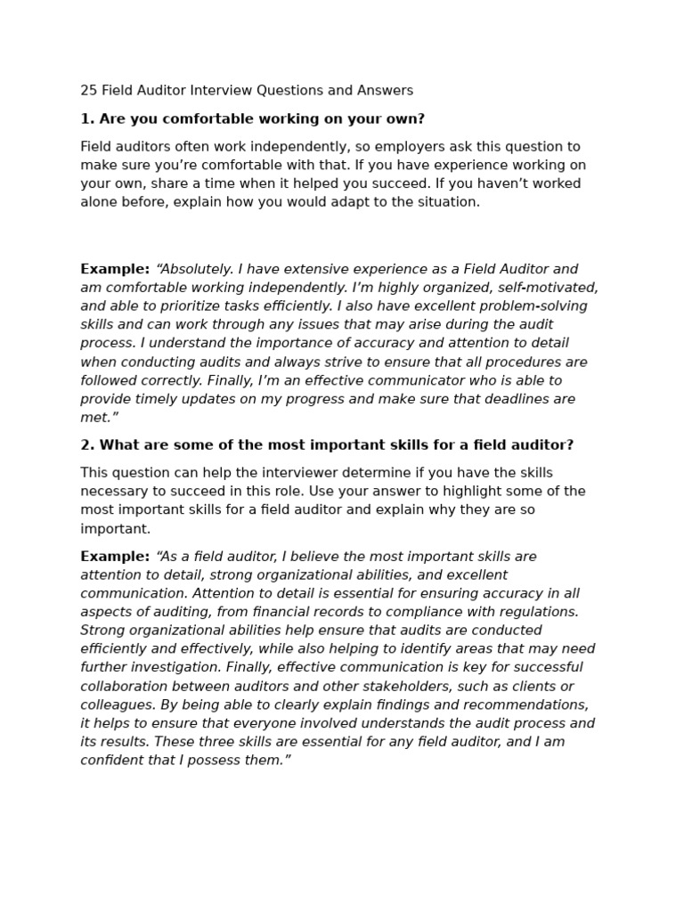 Field Auditor Interview Questions Guide | PDF | Audit | Sampling ...