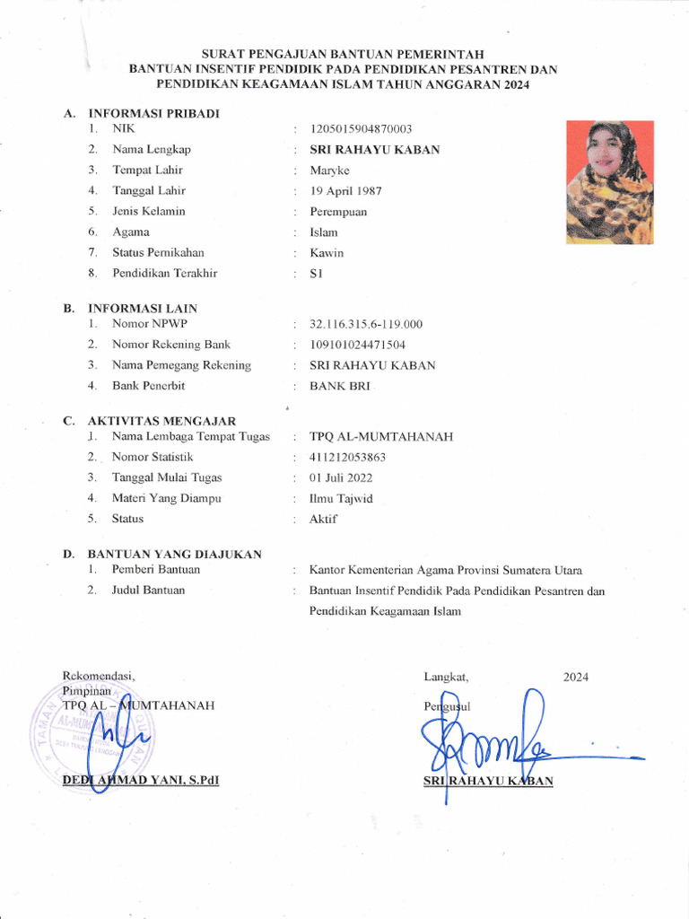 Berkas Insentif 2024 Sri Rahayu Kaban | PDF