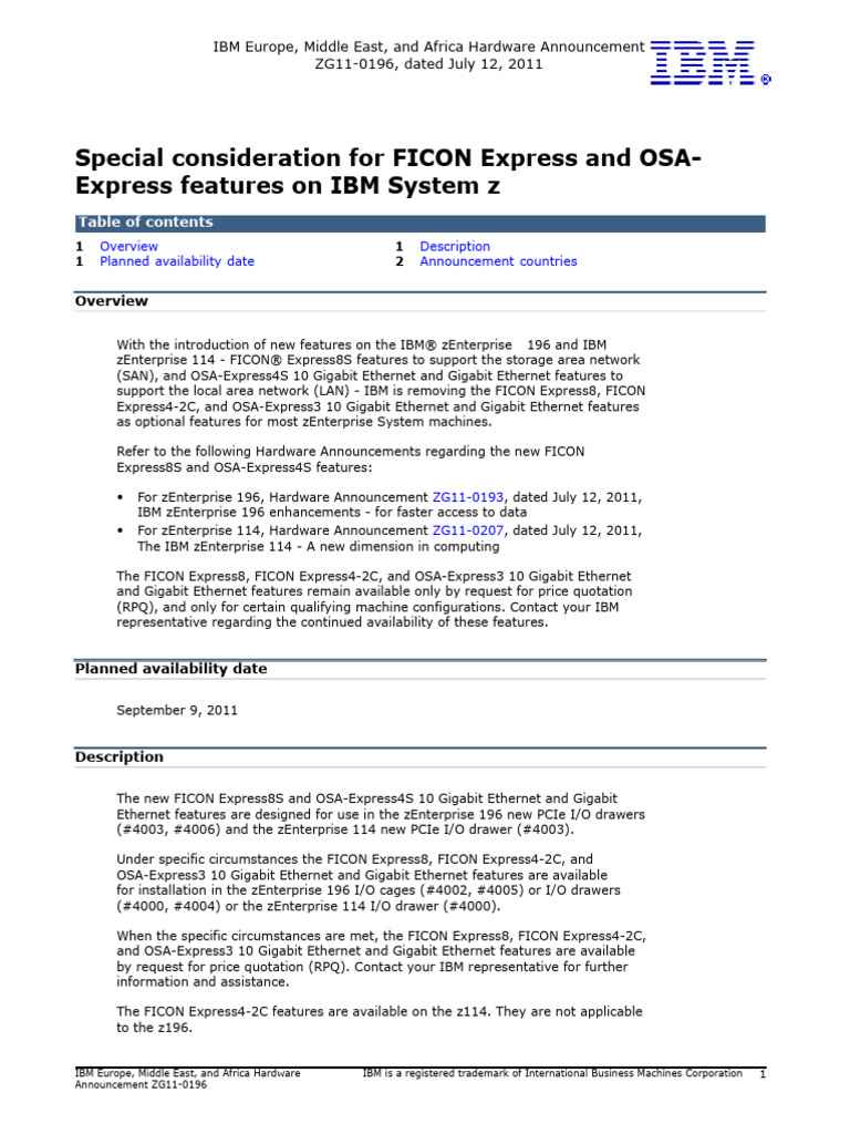 ENUSZG11-0196 Special Consideration For FICON Express and OSA-Express ...