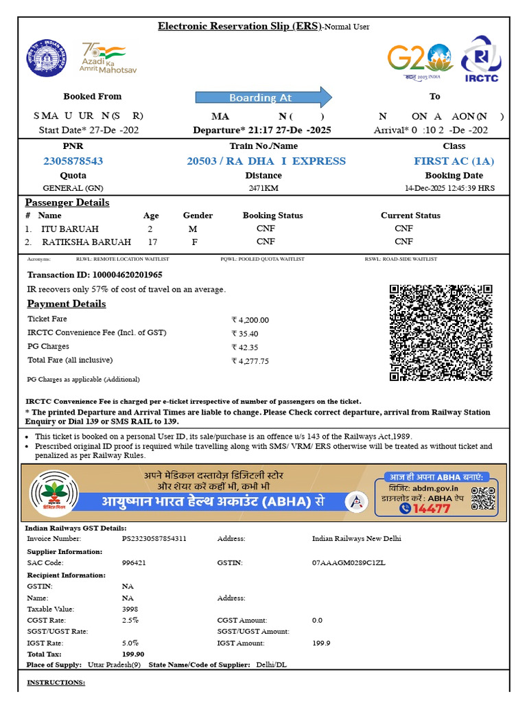 Indian Railways Ticket Booking Details | PDF | Identity Document