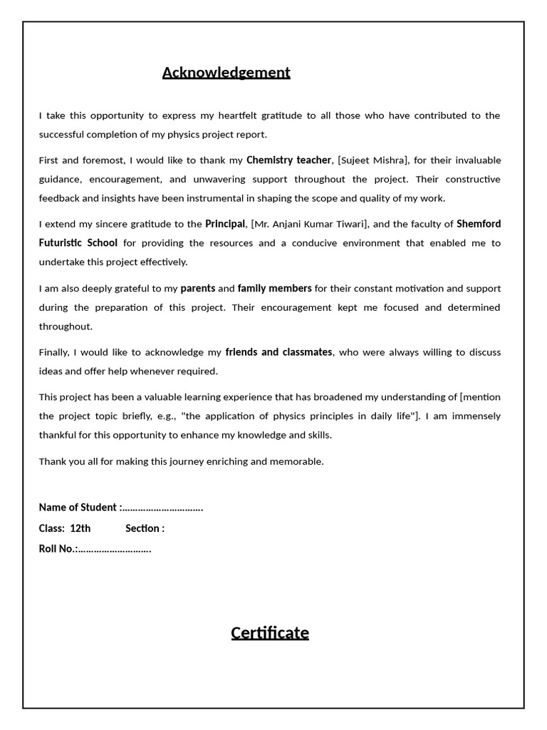 Acknowledgment for Physics Project Report | PDF
