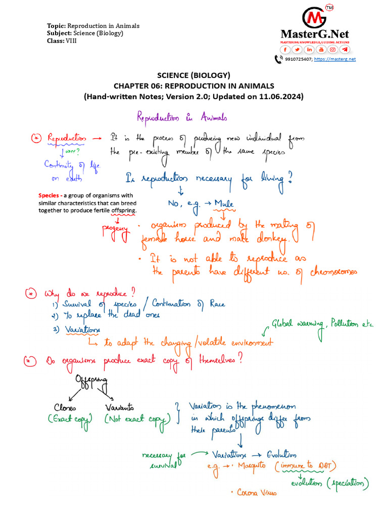Reproduction in Animals Hand Written Notes Version 1.0 | PDF