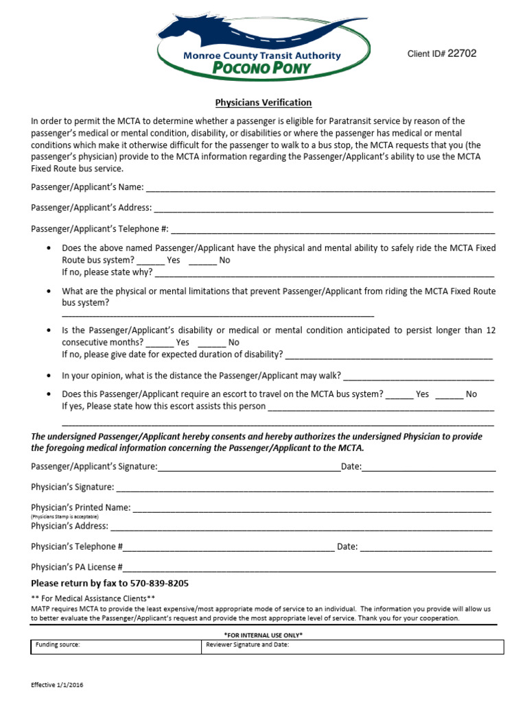 Physician Verification for MCTA Paratransit | PDF | Disability