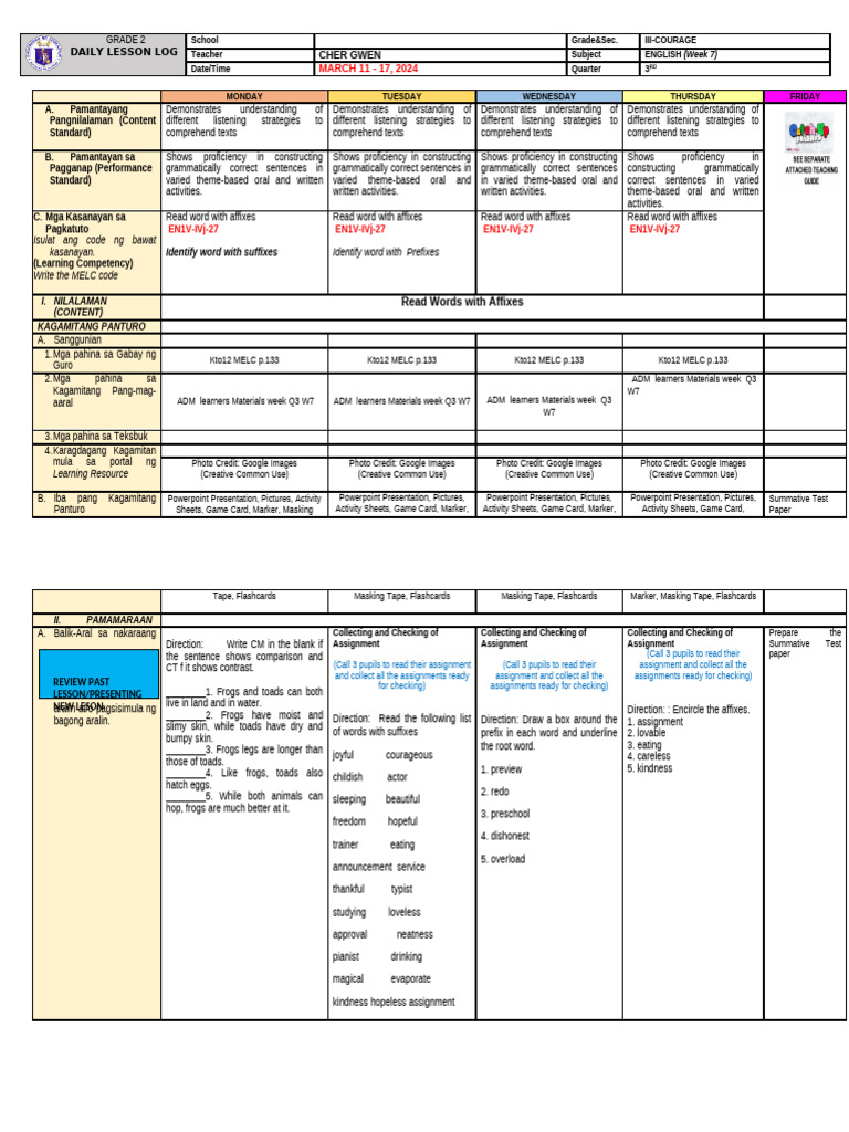 Grade 2 English Lesson Plan: Affixes | PDF | Word | Lexical Semantics
