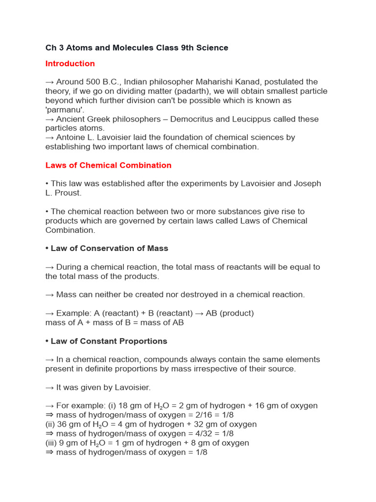 Atoms and Molecules: Class 9 Science Guide | PDF | Mole (Unit) | Ion