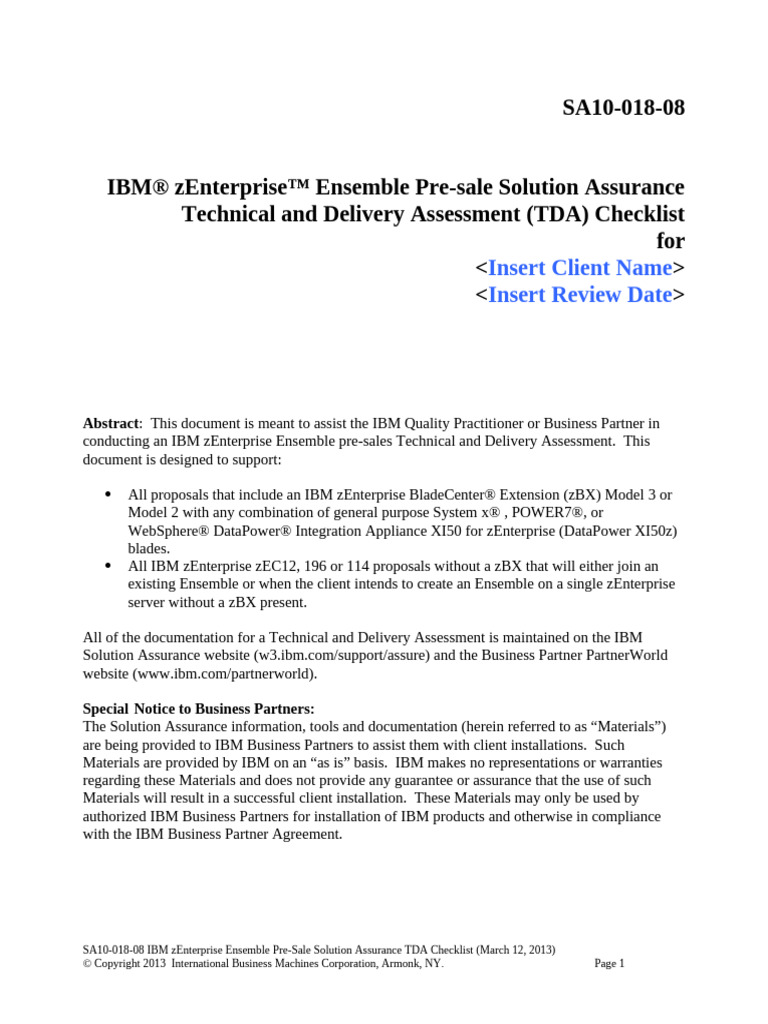 IBM zEnterprise Ensemble TDA Checklist | PDF | Computing | Computer ...