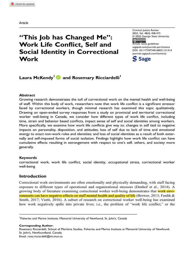 (2022) This Job Has Changed Me. Work Life Conflict, Self and Social ...