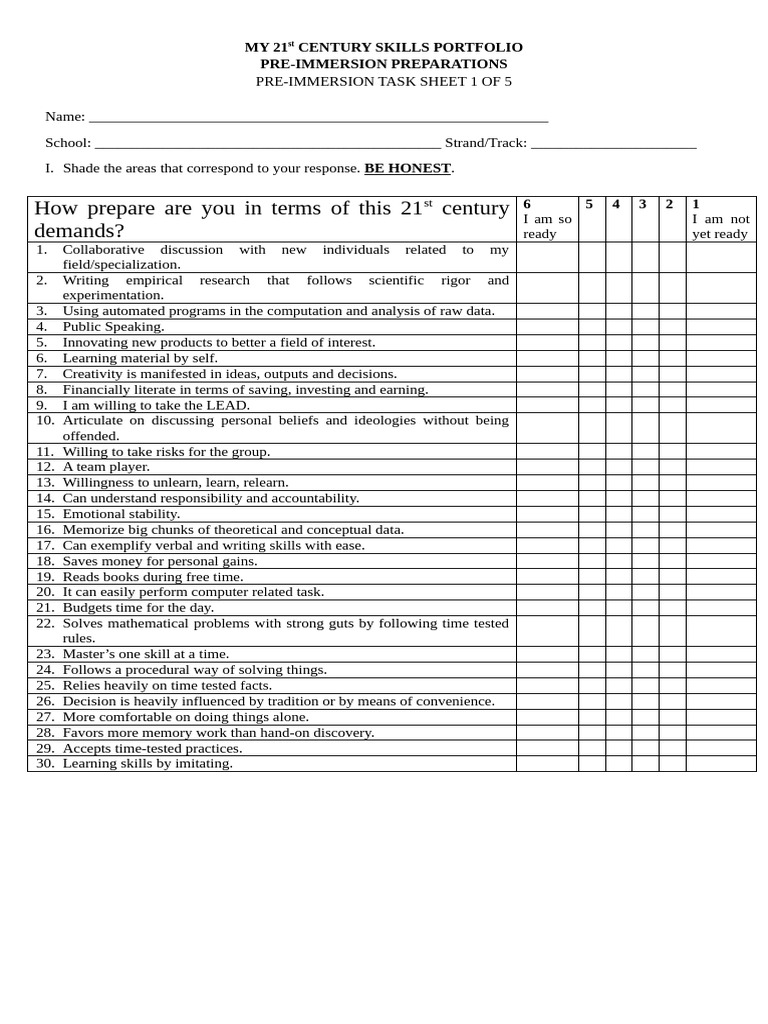Pre Immersion Task Sheet 1 5 | PDF | Time Management | Professional Skills