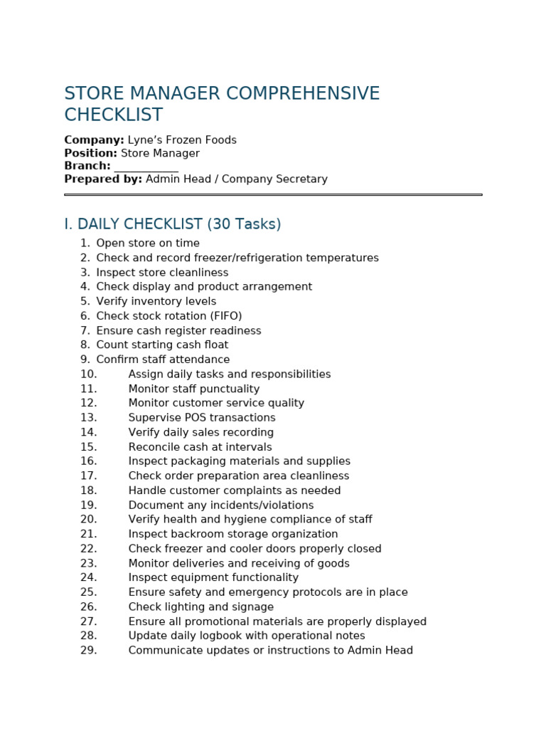 Store Manager Checklist for Operations | PDF | Inventory | Refrigerator