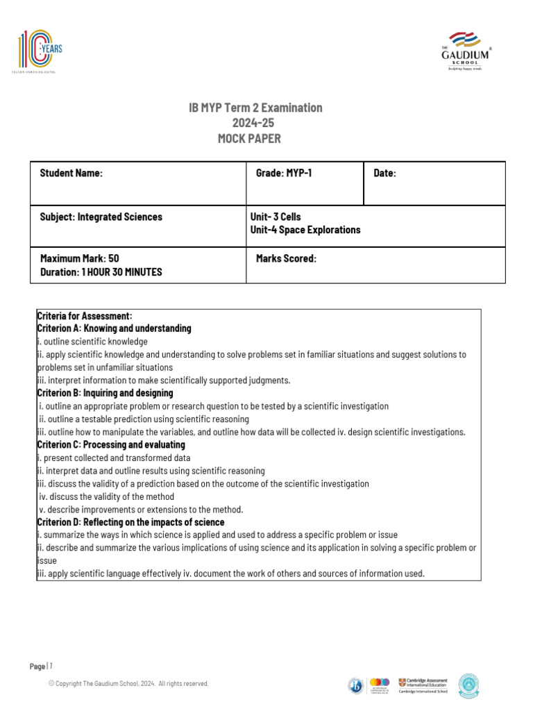 MYP Integrated Sciences Mock Exam 2024 | PDF | Comet | Plastic