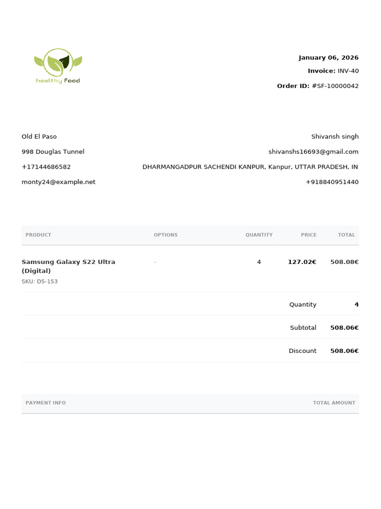 Invoice INV-40 for Samsung Galaxy S22 Ultra | PDF