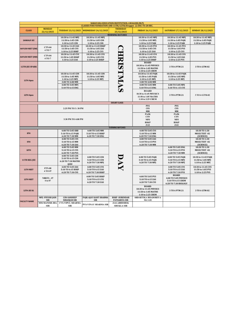 Time Table 22 Dec to 28 Dec 2025 | PDF
