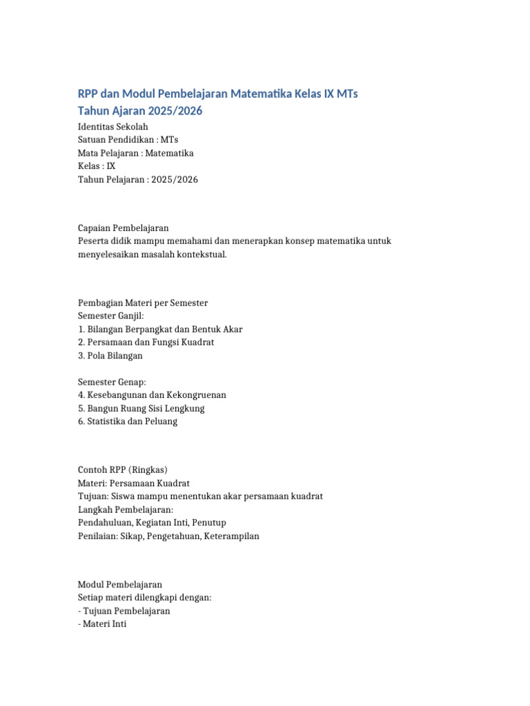 RPP Matematika Kelas IX MTs 2025/2026 | PDF