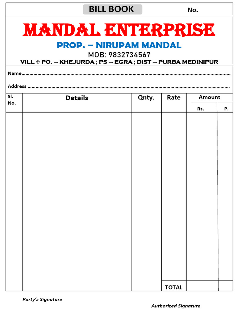 Bill Book Template for Mandal Enterprise | PDF