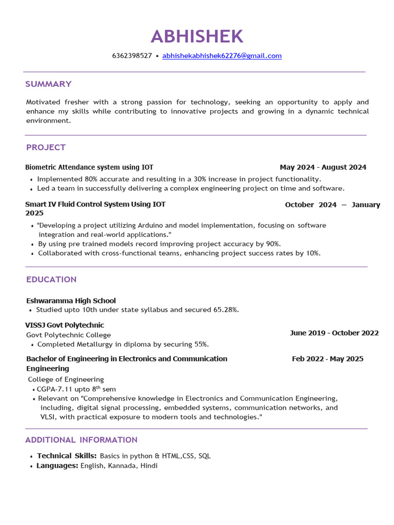 Fresher Electronics Engineer Resume | PDF