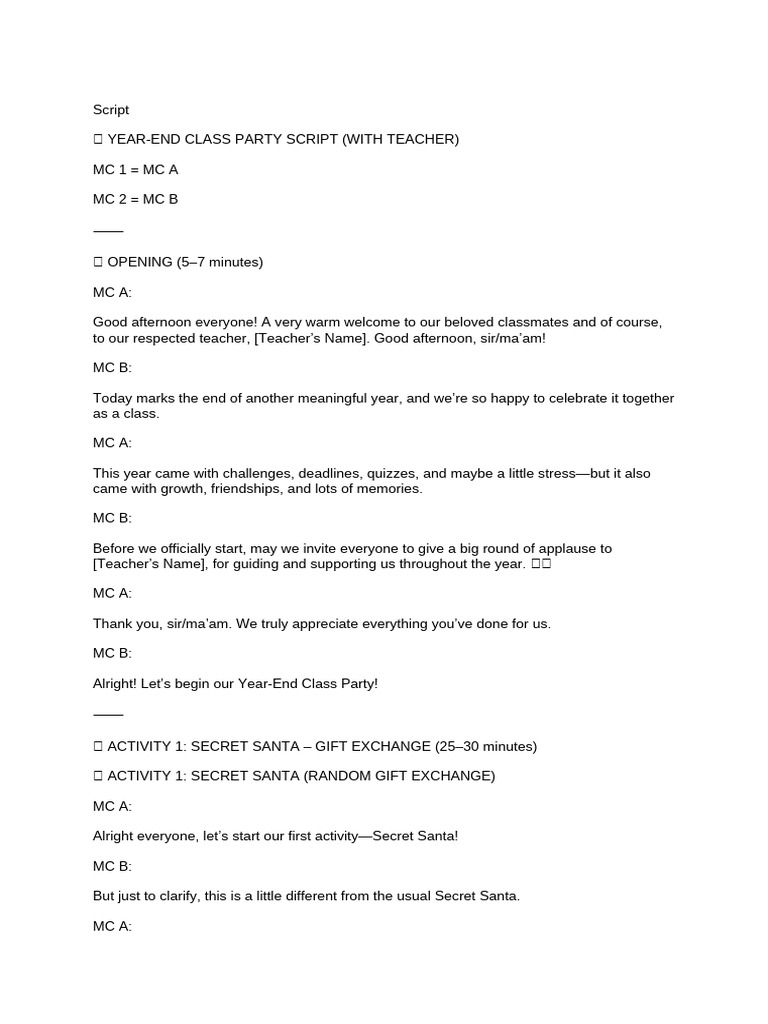 Year-End Class Party Script | PDF