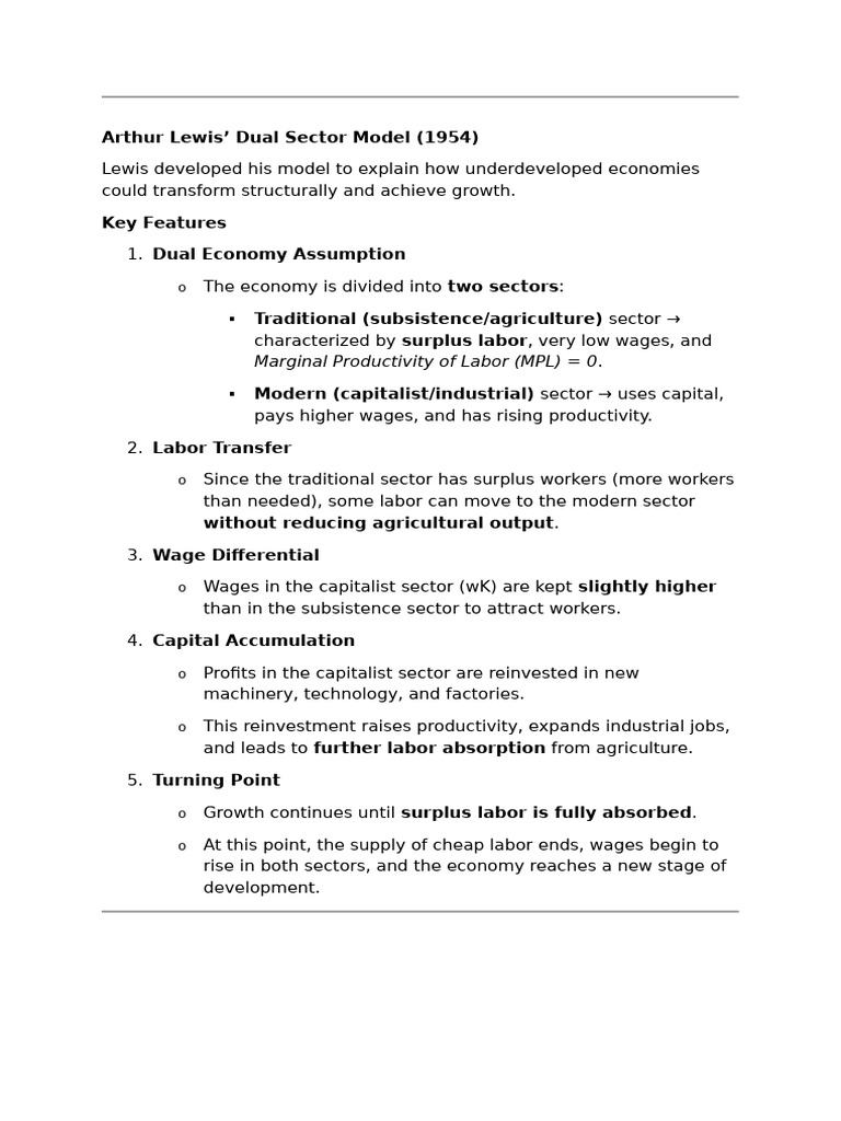 Arthur Lewis Dual Sector Model Explained | PDF | Labour Economics ...
