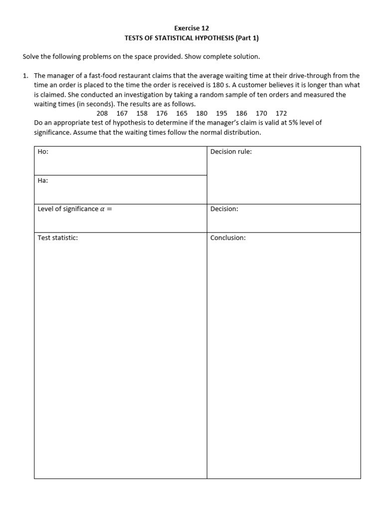 Exercise 12 - Hypothesis Testing Part 1 | PDF