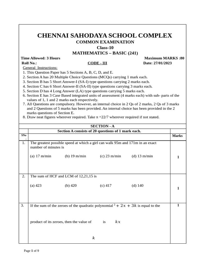 Chennai Class 10 Mathematics Exam Paper | PDF | Sphere | Zero Of A Function