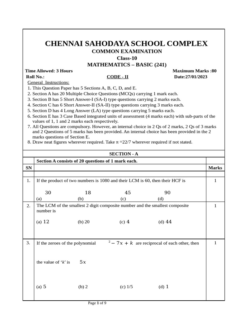Class 10 Mathematics Exam Paper | PDF | Circle | Elementary Geometry