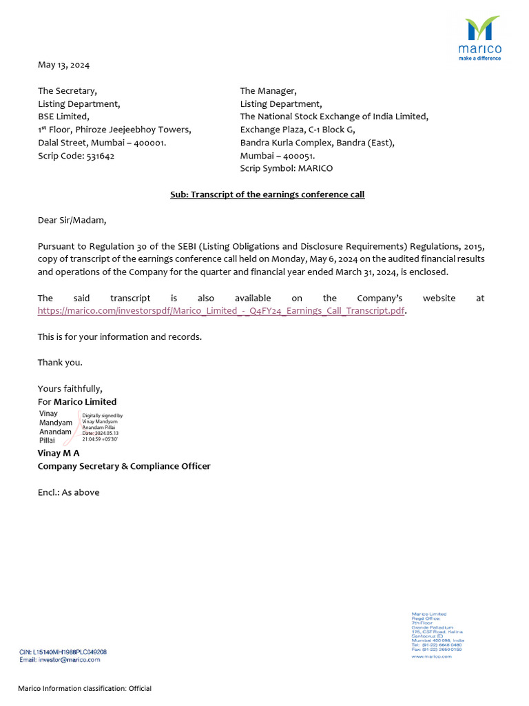 Sub: Transcript of The Earnings Conference Call: Vinay Mandyam Anandam ...