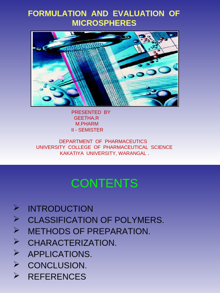 Microspheres: Formulation and Evaluation | PDF | Polymers | Emulsion