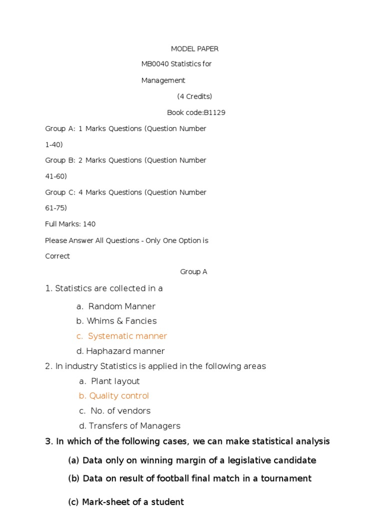 Statistics for Management Model Paper | PDF | Standard Error | Mean