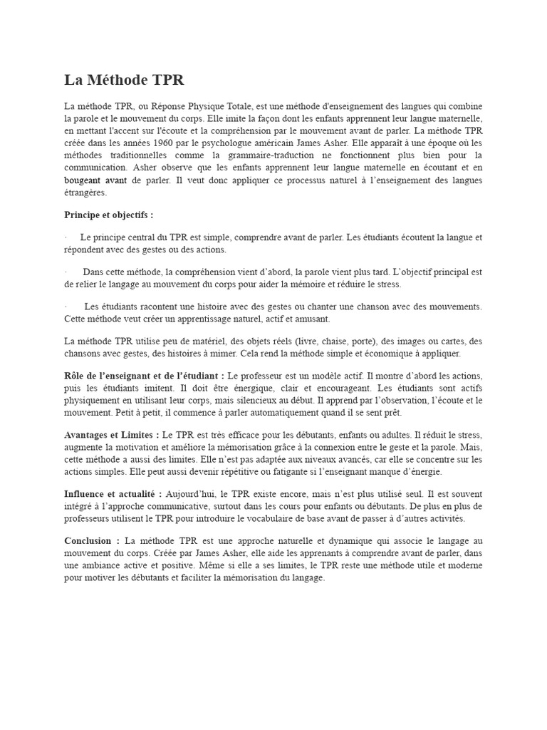 Méthode TPR : Apprentissage par le Mouvement | PDF | Mémoire | Cognition
