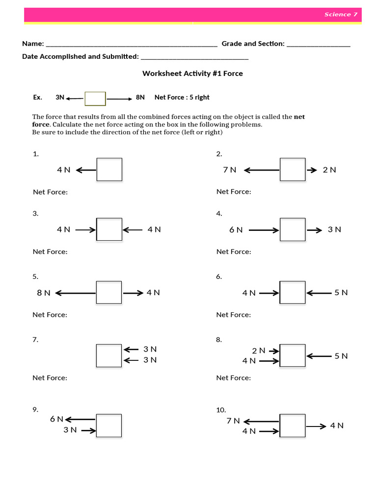 Net Force Calculation Worksheet | PDF