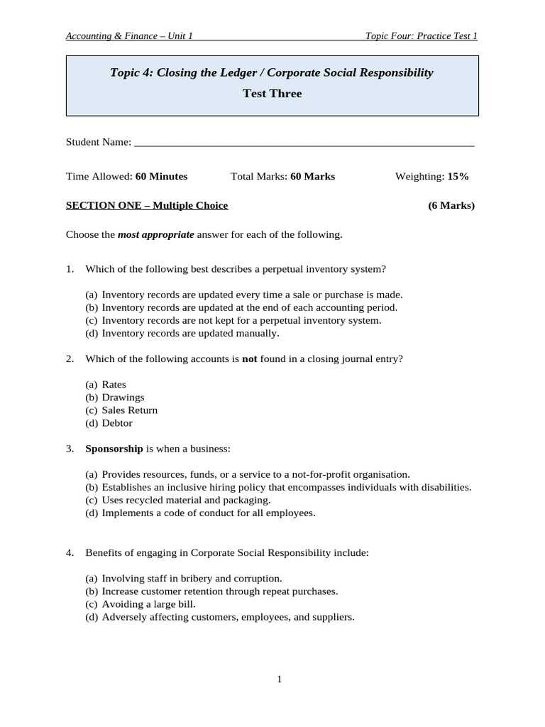 Accounting Practice Test: Ledger & CSR | PDF